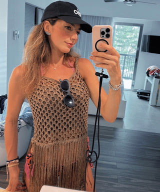 Red Lands Crocheted Fringe Sparkling Brown Tank Top