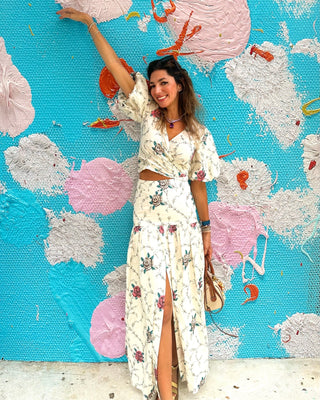 Brighton Yoke Pleated Slit Floral Skirt