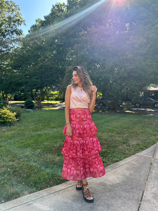 Uriel Tiered Pleated Red Flowers Skirt