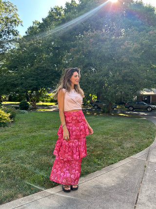 Uriel Tiered Pleated Red Flowers Skirt