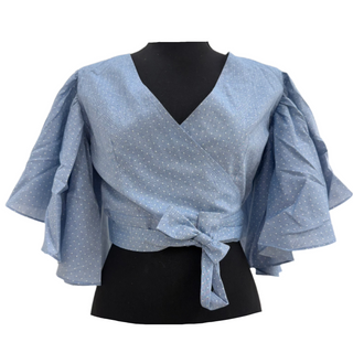 Salinas Ruffled Sleeve Blue White Dots Blouse