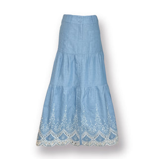 San Francisco Embroidered Hem, Button Down Blue Denim Skirt