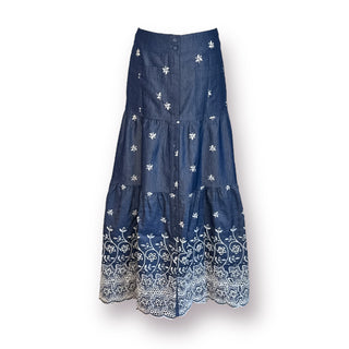 San Marino Embroidered Hem, Button Down Navy Denim Skirt