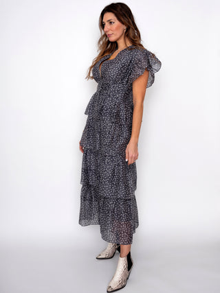 Sharon Vcut Tiered Black Dotted Dress