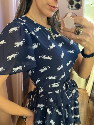 Regina Tiers Belted Spotted Cheetah Navy Dress