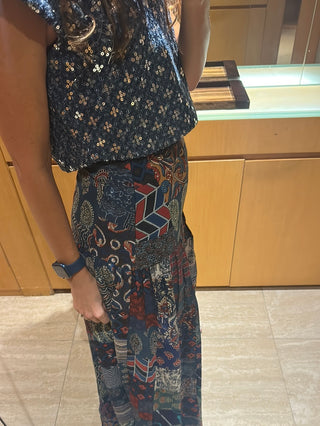 Reese Patch Pleated, Slit, Multicolor Long Skirt