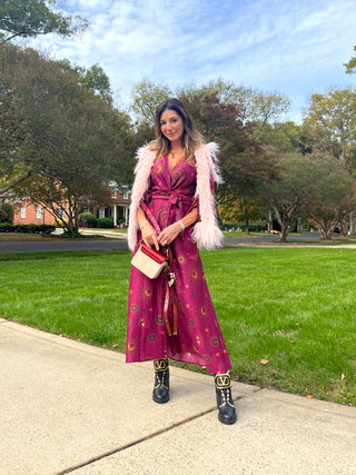 Horoscope Wrap, Buttoned, Front Slit, Vcut Fuchsia Dress MF