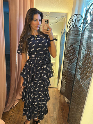 Regina Tiers Belted Spotted Cheetah Navy Dress