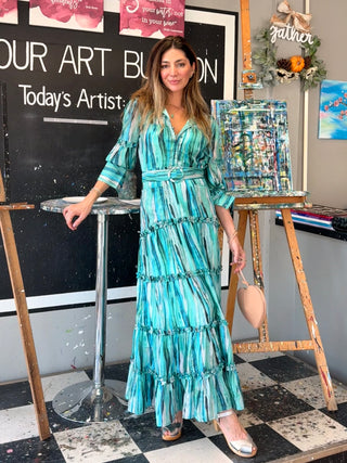 greenish blue dress Greenish blue block print princess dress