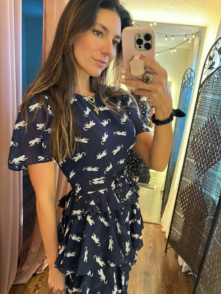 Regina Tiers Belted Spotted Cheetah Navy Dress