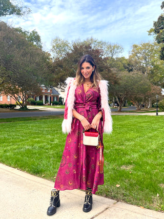 Horoscope Wrap, Buttoned, Front Slit, Vcut Fuchsia Dress MF