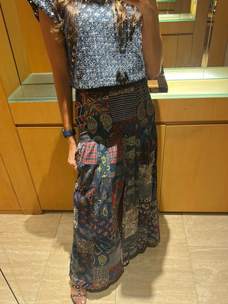 Reese Patch Pleated, Slit, Multicolor Long Skirt