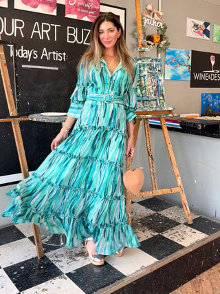 Sarasota Ruffles, Layers, Front Pockets, Belted Greenish Dress