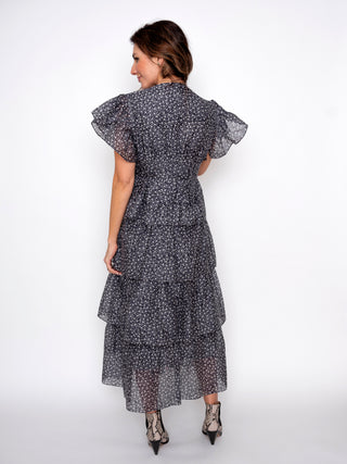 Sharon Vcut Tiered Black Dotted Dress