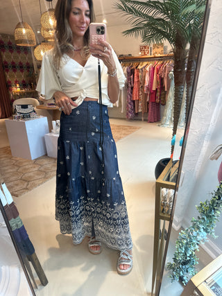 San Marino Embroidered Hem, Button Down Navy Denim Skirt