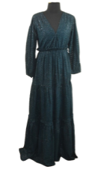 Rasen Vcut Belted, Puff Sleeves, Petroleum-Blue Dress