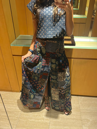 Reese Patch Pleated, Slit, Multicolor Long Skirt