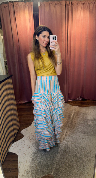 Thea Tiered Beige&Blue Strips Skirt