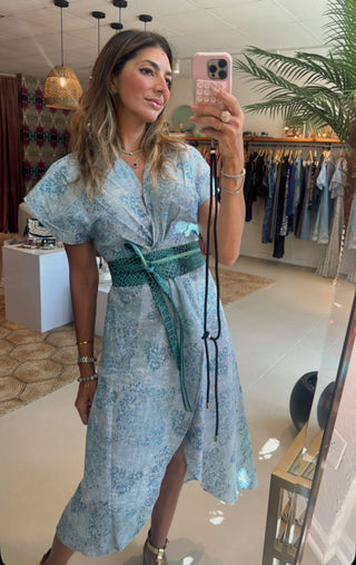San Gabriel Belted, Front Slit, Light Textured Bluish Dress
