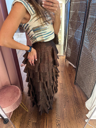 Robin Tiers Ruffles Tassels Belted Tiger Eye Skirt