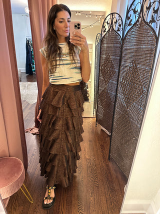 Robin Tiers Ruffles Tassels Belted Tiger Eye Skirt