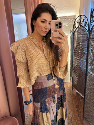 Raylee Tassels, Ruffled Shoulders, Beige Cotton Blouse