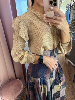Raylee Tassels, Ruffled Shoulders, Beige Cotton Blouse