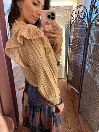 Raylee Tassels, Ruffled Shoulders, Beige Cotton Blouse