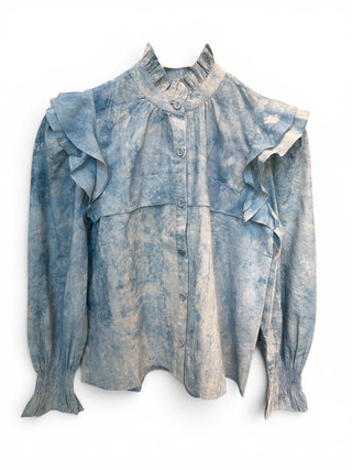 Boise Buttoned, Ruffled Collars, Smocking Wrists Blue TieDie Blouse