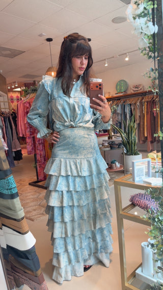 Boise Buttoned, Ruffled Collars, Smocking Wrists Blue TieDie Blouse