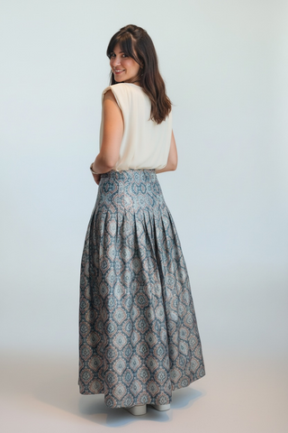 Coeur D'Alene Pleated Silk Chanderi Grey, Red, Bluish Skirt