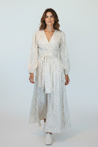 Lewiston Wrapped, Buttoned, Front Slit, Vcut Beige Sparks flowery Dress