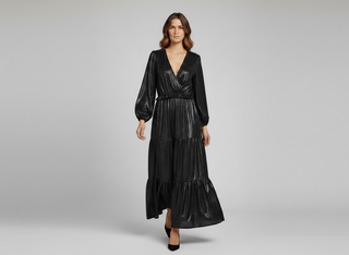 Theodora Vcut Belted, Puff Sleeves, Tiered  Black Dress