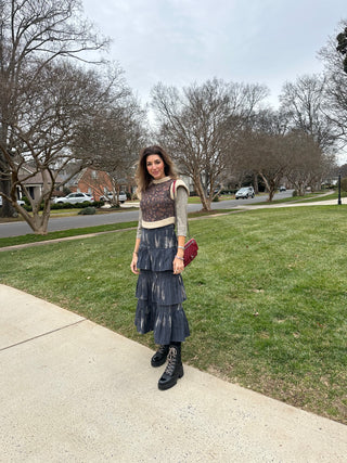 Fairbanks Pleated Tiered Blue and Grayish Skirt