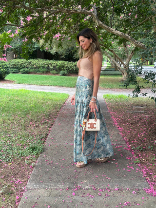 Greeley Pleated Ocean Waves Turquoise Skirt