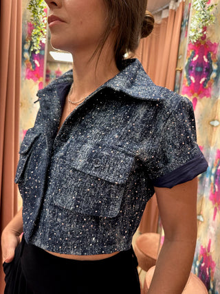 Venice Cropped, Front Pockets, Short Sleeves, Sparkling Denim Bluish Shirt