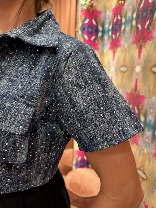 Venice Cropped, Front Pockets, Short Sleeves, Sparkling Denim Bluish Shirt