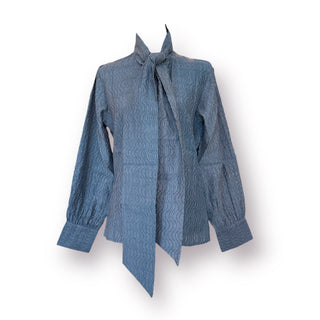 Lakeland Bow Collar , Button Down, Long Sleeves Wave-Lined Greyish Blouse