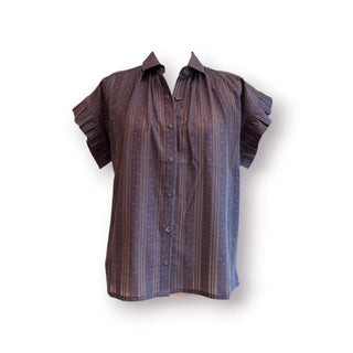 Macon Ruffled Short Sleeves, Button Down, Stripped Grey Bluish Shirt