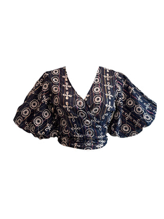 Plains Puffy Sleeves, Wrapping Navy Patterned Top