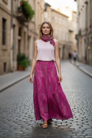 Hanalei Button Down, Front Pockets, Embroidered Fuchsia Skirt