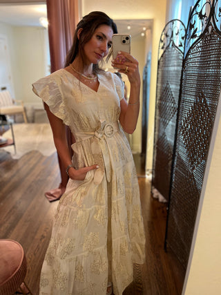 Ornella Belted, Pleated, Ruffled Short Sleeves Dress