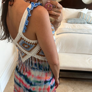 Crochet Handmade Blue Fringed Lozenges Top