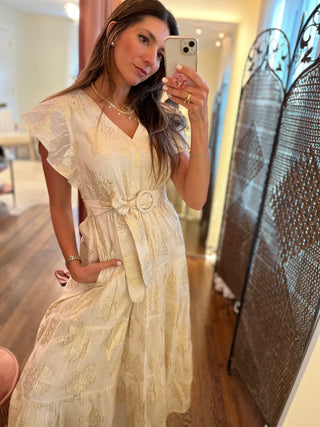 Ornella Belted, Pleated, Ruffled Short Sleeves Dress