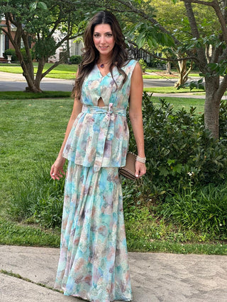 Ohanna Shoulder Strapped, Belted, Gloss Green & Pink Pastel Dress