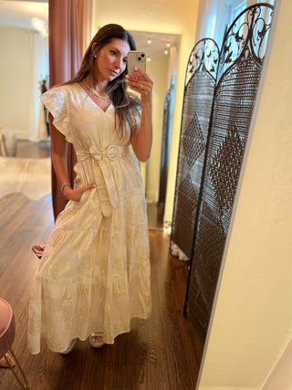 Ornella Belted, Pleated, Ruffled Short Sleeves Dress