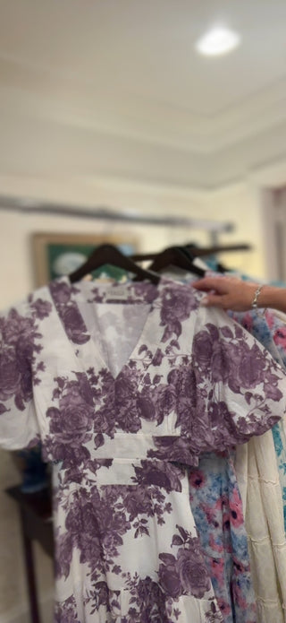 Light Puff Shoulder Sleeves, Tiered Purple Dress