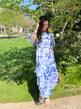 Oliver Puffy Short Sleeves, Stages Ruffled Hem Bluish Dress