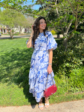 Oliver Puffy Short Sleeves, Stages Ruffled Hem Bluish Dress